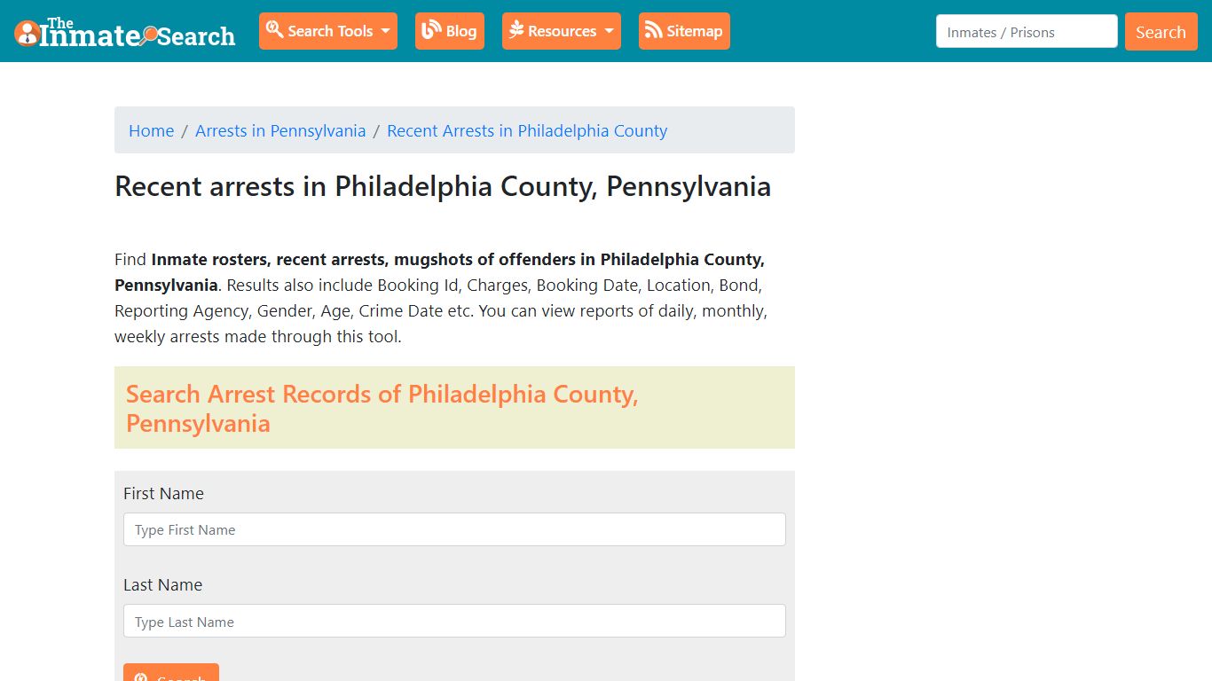 Recent arrests in Philadelphia County ... - The Inmate Search